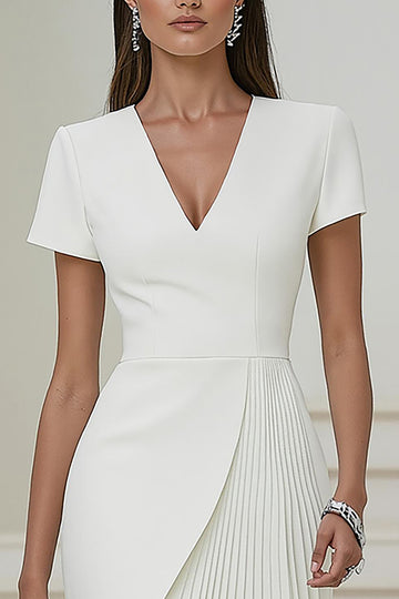 Pencil V-Neck Ivory Work Dress With Pleats